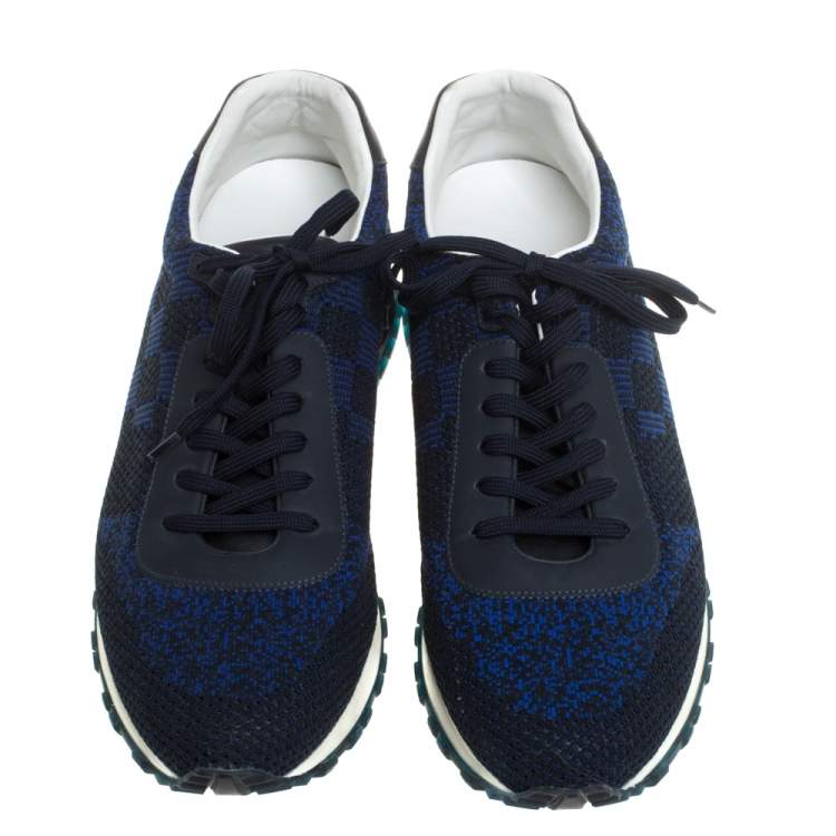 Pre Owned Louis Vuitton Blue/Black Damier Mesh and Leather Run Away Lace Sneakers Size 40.5