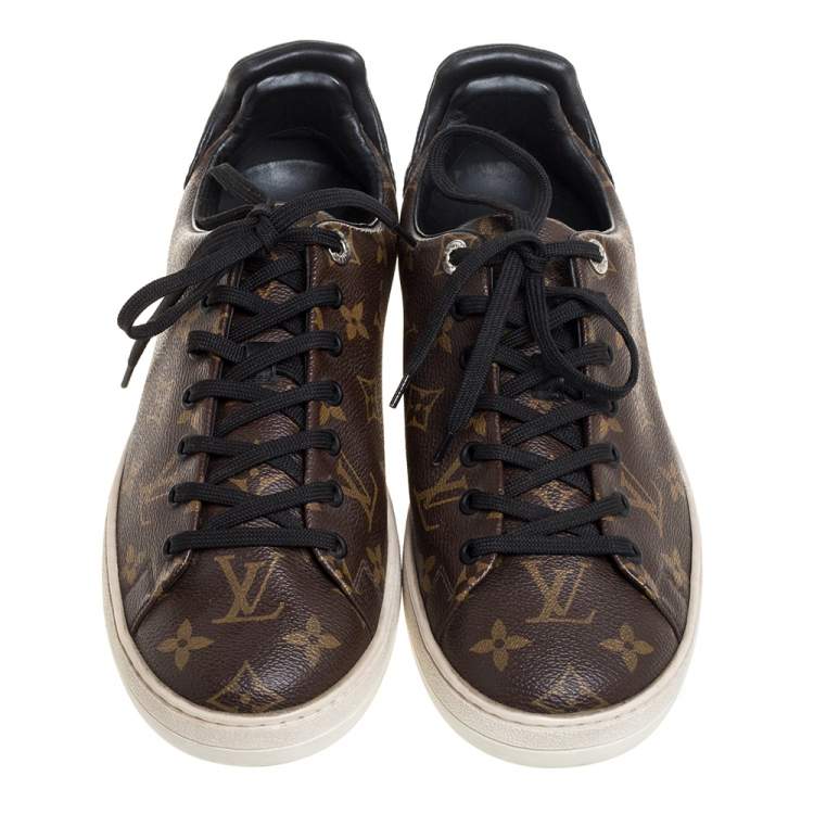 Pre Owned Louis Vuitton Brown Monogram Canvas and Black Leather Frontrow Low Top Sneakers Size 41