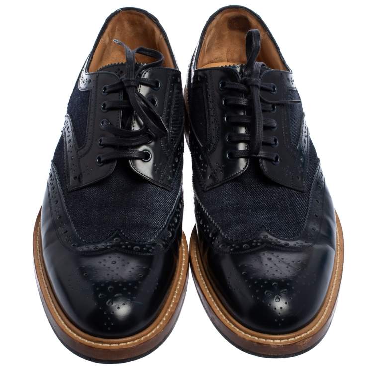 Pre Owned Louis Vuitton Blue Brogue Leather & Denim Lace Up Derby Size 44