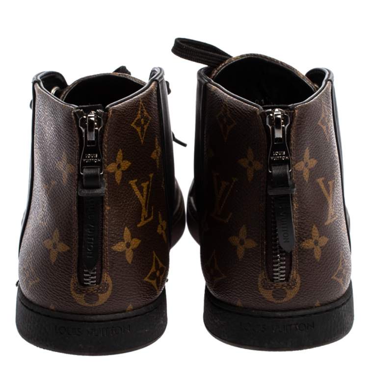 Louis Vuitton Black/Brown Leather and Monogram Canvas Line Up High Top Sneakers Size 41.5