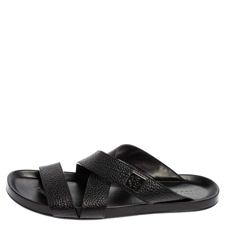 Pre Owned Louis Vuitton Black Leather Pioneer Cross Strap Flat Slide Sandals Size 43