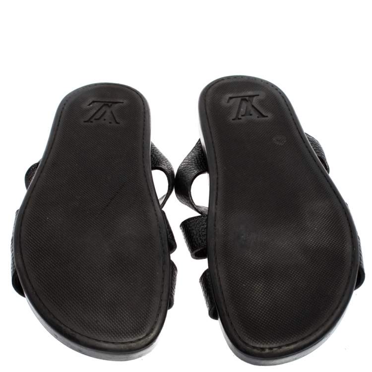 Pre Owned Louis Vuitton Black Leather Pioneer Cross Strap Flat Slide Sandals Size 43