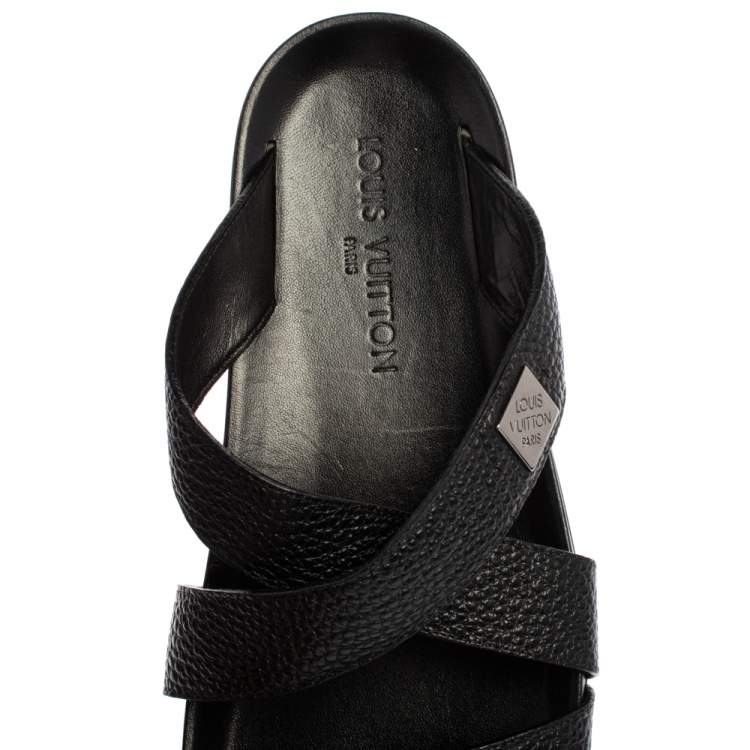 Pre Owned Louis Vuitton Black Leather Pioneer Cross Strap Flat Slide Sandals Size 43
