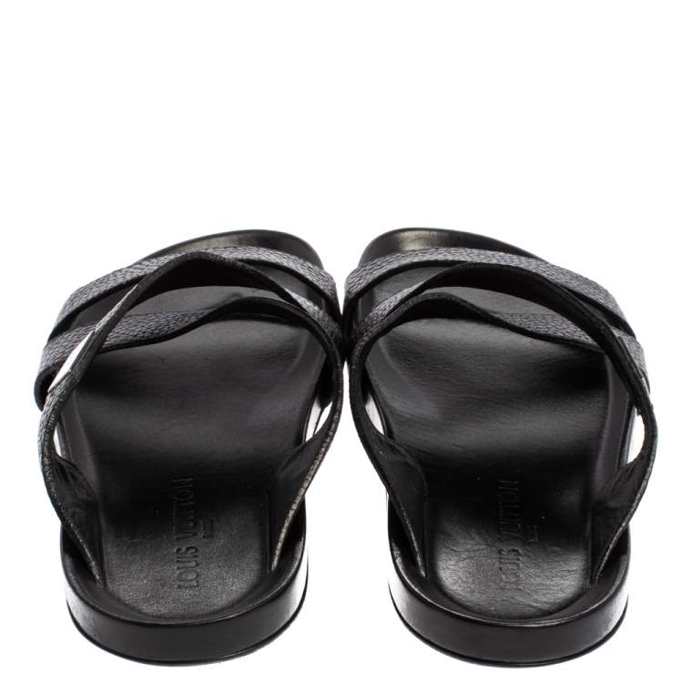 Pre Owned Louis Vuitton Black Leather Pioneer Cross Strap Flat Slide Sandals Size 43