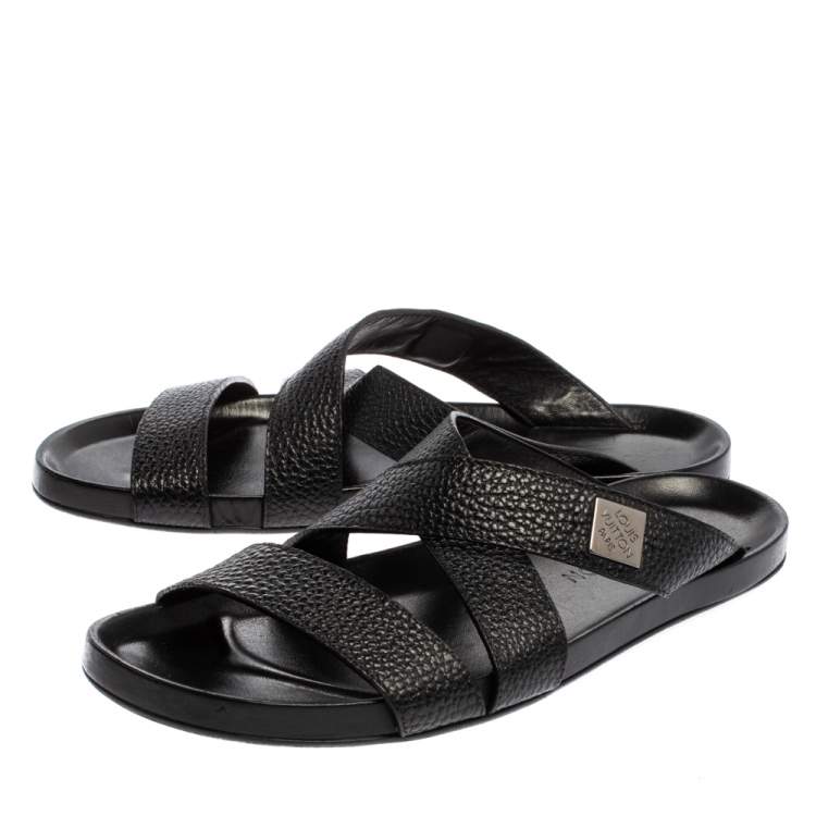 Pre Owned Louis Vuitton Black Leather Pioneer Cross Strap Flat Slide Sandals Size 43