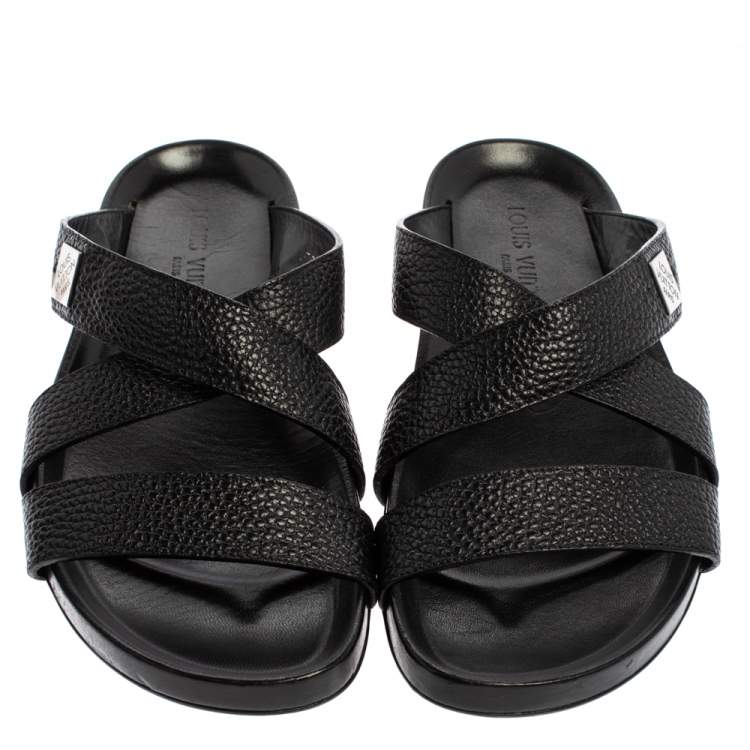 Pre Owned Louis Vuitton Black Leather Pioneer Cross Strap Flat Slide Sandals Size 43
