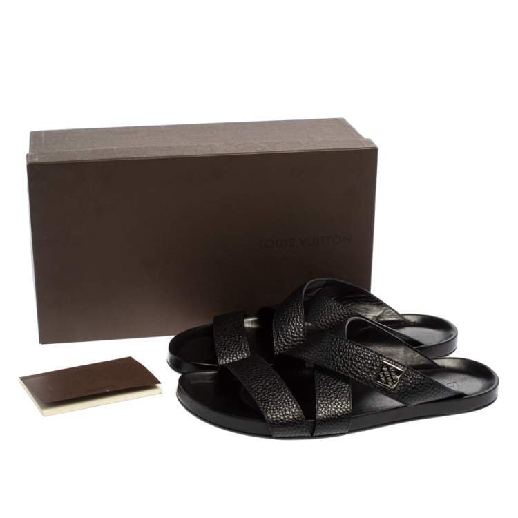 Pre Owned Louis Vuitton Black Leather Pioneer Cross Strap Flat Slide Sandals Size 43