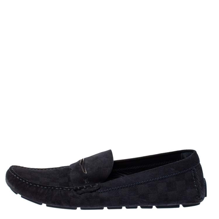 Pre Owned Louis Vuitton Navy Blue Damier Infini Suede Loafers Size 45.5