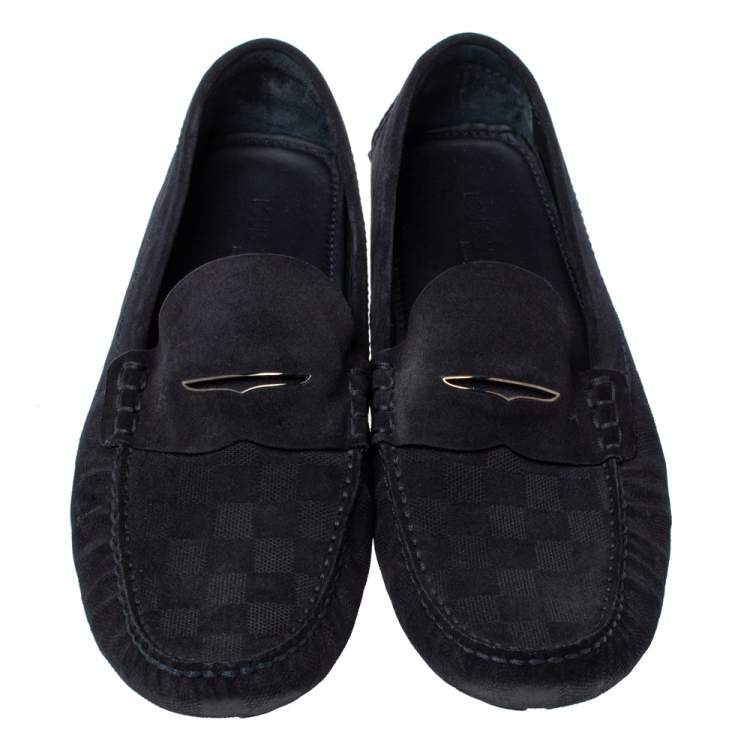 Pre Owned Louis Vuitton Navy Blue Damier Infini Suede Loafers Size 45.5