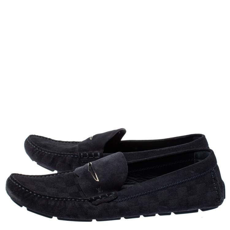 Pre Owned Louis Vuitton Navy Blue Damier Infini Suede Loafers Size 45.5