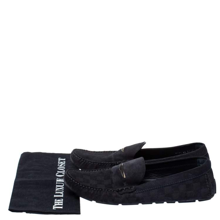 Pre Owned Louis Vuitton Navy Blue Damier Infini Suede Loafers Size 45.5