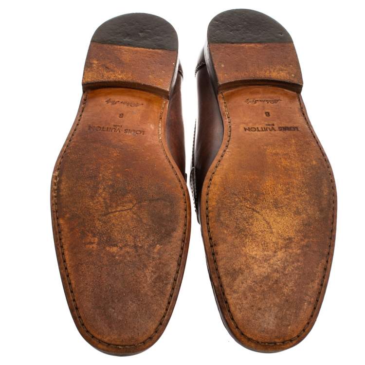 Pre Owned Louis Vuitton Brown Damier Embossed Leather Sorbonne Slip On Loafers Size 42