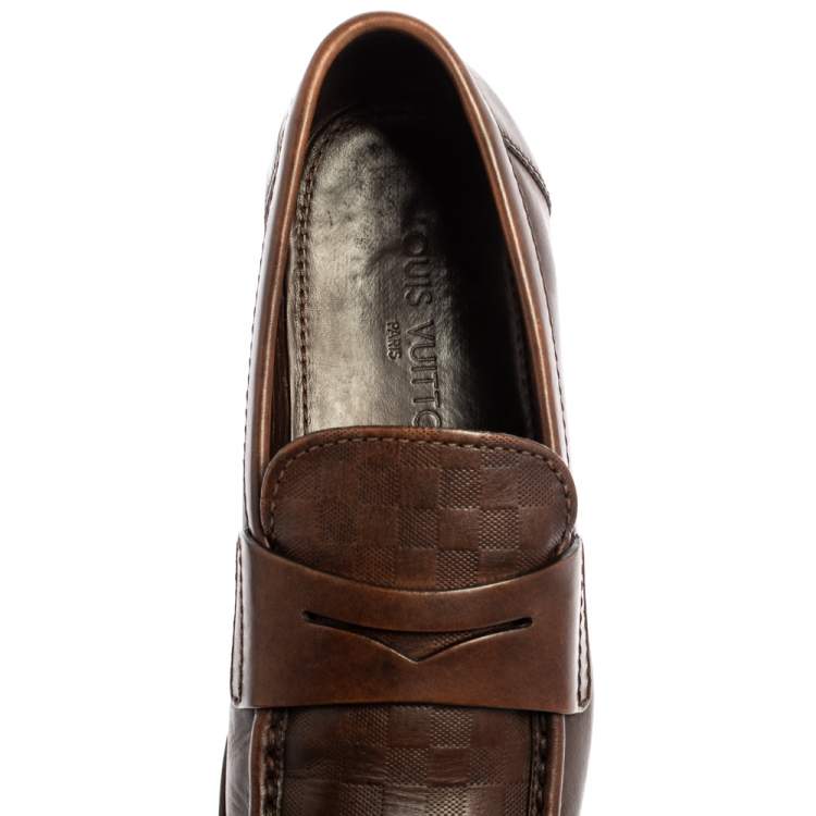 Pre Owned Louis Vuitton Brown Damier Embossed Leather Sorbonne Slip On Loafers Size 42