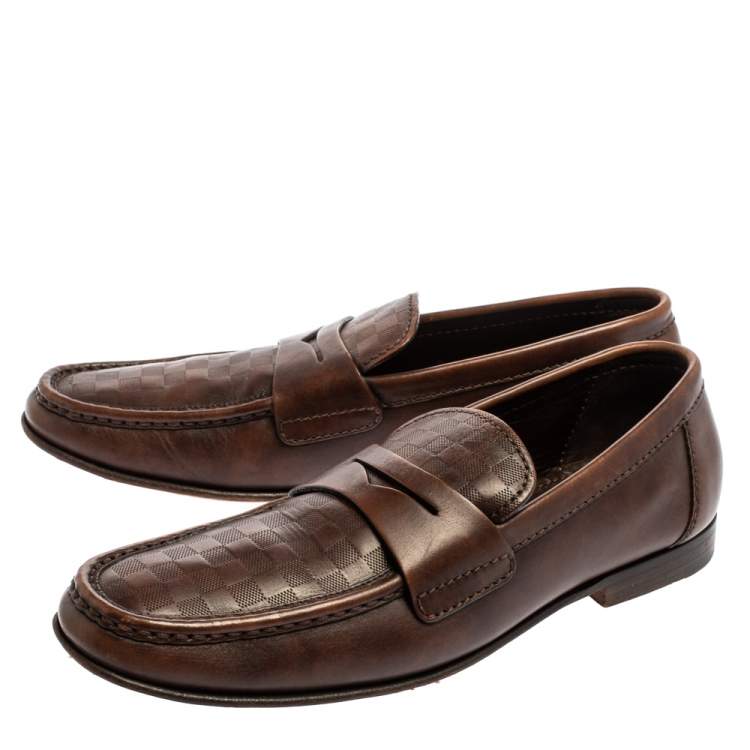 Pre Owned Louis Vuitton Brown Damier Embossed Leather Sorbonne Slip On Loafers Size 42