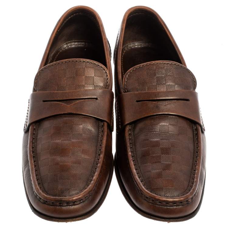Pre Owned Louis Vuitton Brown Damier Embossed Leather Sorbonne Slip On Loafers Size 42