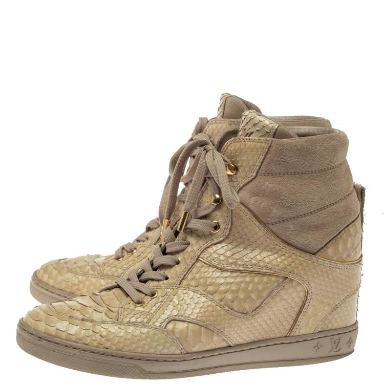 Pre Owned  Louis Vuitton Beige Monogram Suede And Python Cliff Top Sneaker Boots Size 39