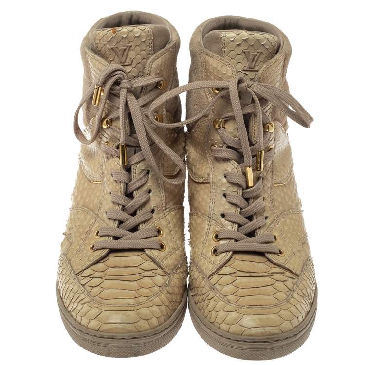 Pre Owned  Louis Vuitton Beige Monogram Suede And Python Cliff Top Sneaker Boots Size 39