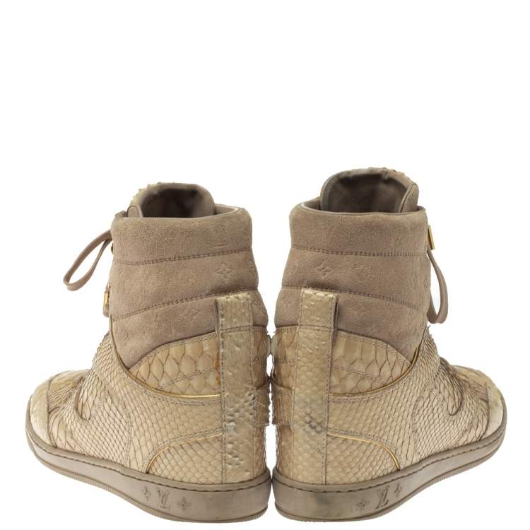 Pre Owned  Louis Vuitton Beige Monogram Suede And Python Cliff Top Sneaker Boots Size 39