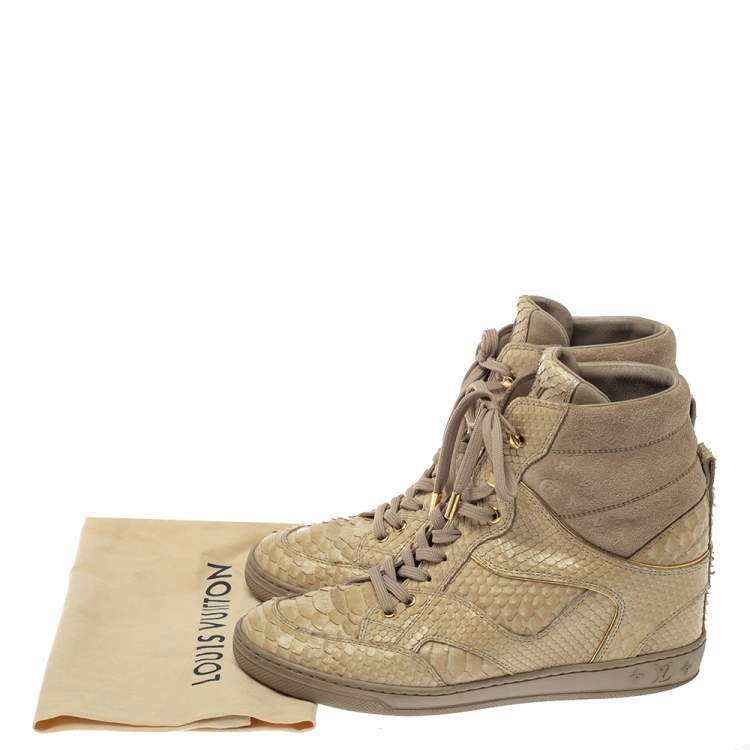 Pre Owned  Louis Vuitton Beige Monogram Suede And Python Cliff Top Sneaker Boots Size 39