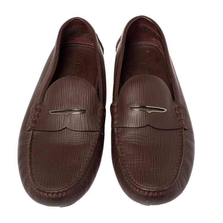 Pre Owned Louis Vuitton Burgundy Epi Leather Shade Penny Loafers Size 42.5
