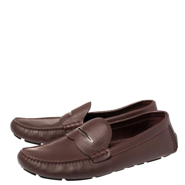 Pre Owned Louis Vuitton Burgundy Epi Leather Shade Penny Loafers Size 42.5