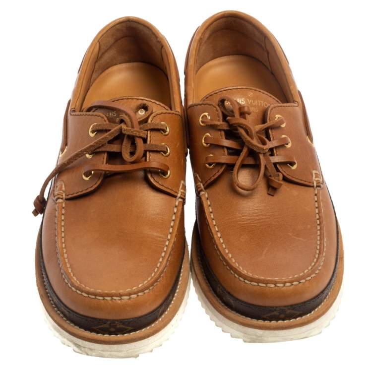 Pre Owned Louis Vuitton Brown Monogram Leather Summerland Boat Moccasins Size 40.5