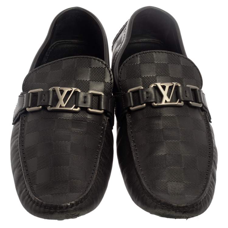 Pre Owned Louis Vuitton Black Damier Embossed Leather Hockenheim Slip On Loafers Size 42