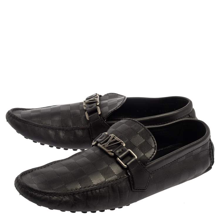 Pre Owned Louis Vuitton Black Damier Embossed Leather Hockenheim Slip On Loafers Size 42