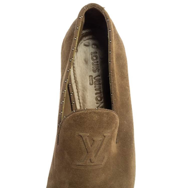 Pre Owned Louis Vuitton Olive Green Suede LV Logo Smoking Loafers Size 45