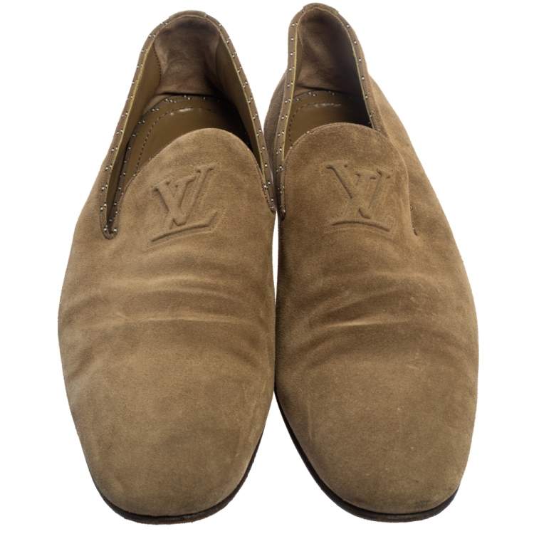 Pre Owned Louis Vuitton Olive Green Suede LV Logo Smoking Loafers Size 45