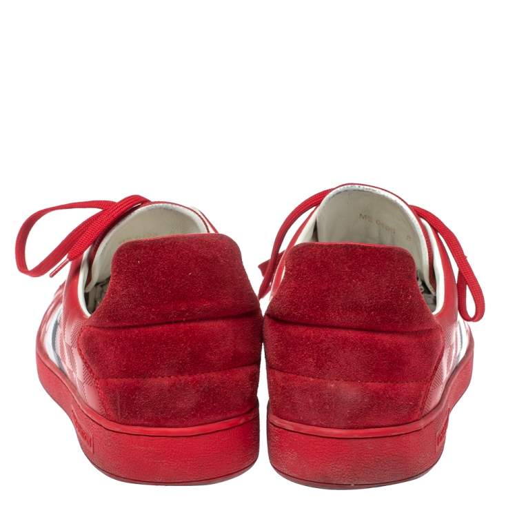 Pre Owned Louis Vuitton Red Suede And Leather Damier Infini Frontrow Sneakers Size 42
