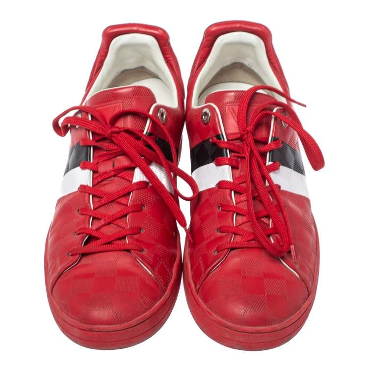 Pre Owned Louis Vuitton Red Suede And Leather Damier Infini Frontrow Sneakers Size 42