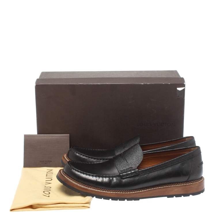 Pre Owned Louis Vuitton Black Leather Slip On Loafers Size 45