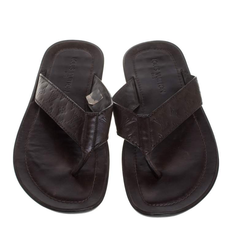 Pre Owned Louis Vuitton Brown Leather Thong Slide Sandals Size 44.5