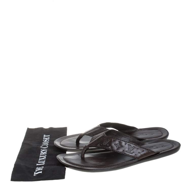 Pre Owned Louis Vuitton Brown Leather Thong Slide Sandals Size 44.5