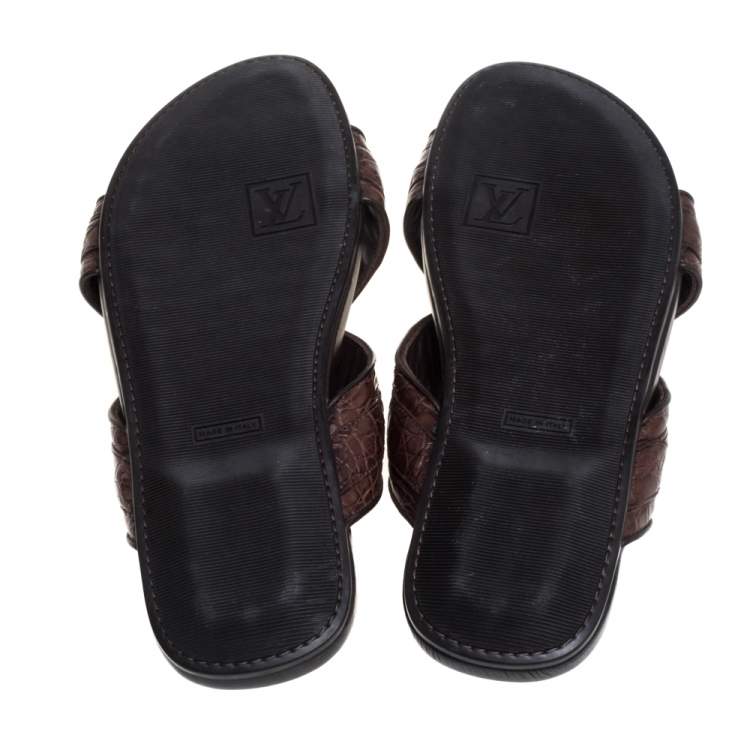 Pre Owned Louis Vuitton Brown Croc Leather Criss Cross Slide Sandals Size 43.5