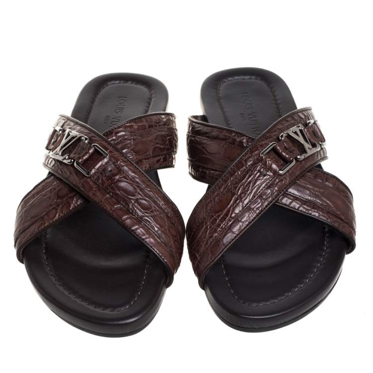 Pre Owned Louis Vuitton Brown Croc Leather Criss Cross Slide Sandals Size 43.5