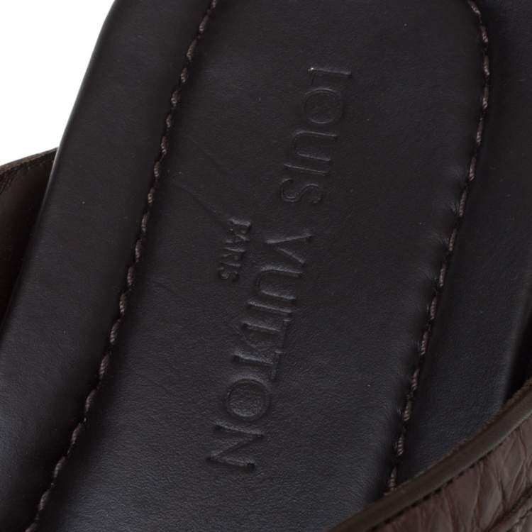 Pre Owned Louis Vuitton Brown Croc Leather Criss Cross Slide Sandals Size 43.5