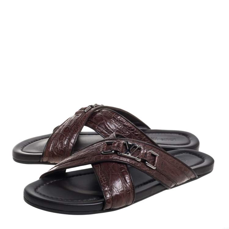 Pre Owned Louis Vuitton Brown Croc Leather Criss Cross Slide Sandals Size 43.5