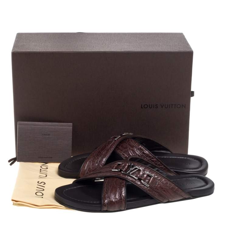 Pre Owned Louis Vuitton Brown Croc Leather Criss Cross Slide Sandals Size 43.5