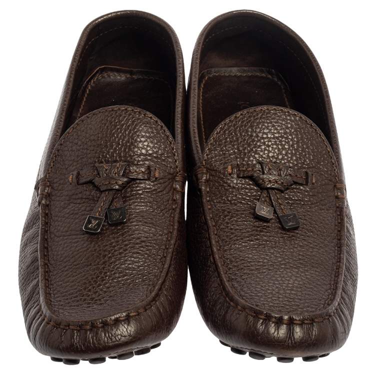 Pre Owned Louis Vuitton Brown Leather Logo Bow Slip On Loafers Size 44