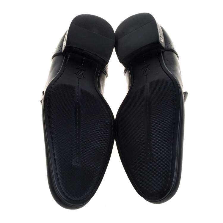 Pre Owned Louis Vuitton Black Leather Logo Perforated Slip On Loafers Size 40