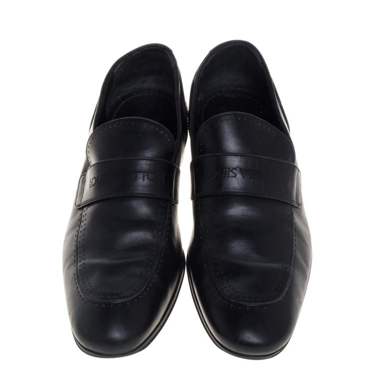 Pre Owned Louis Vuitton Black Leather Logo Perforated Slip On Loafers Size 40