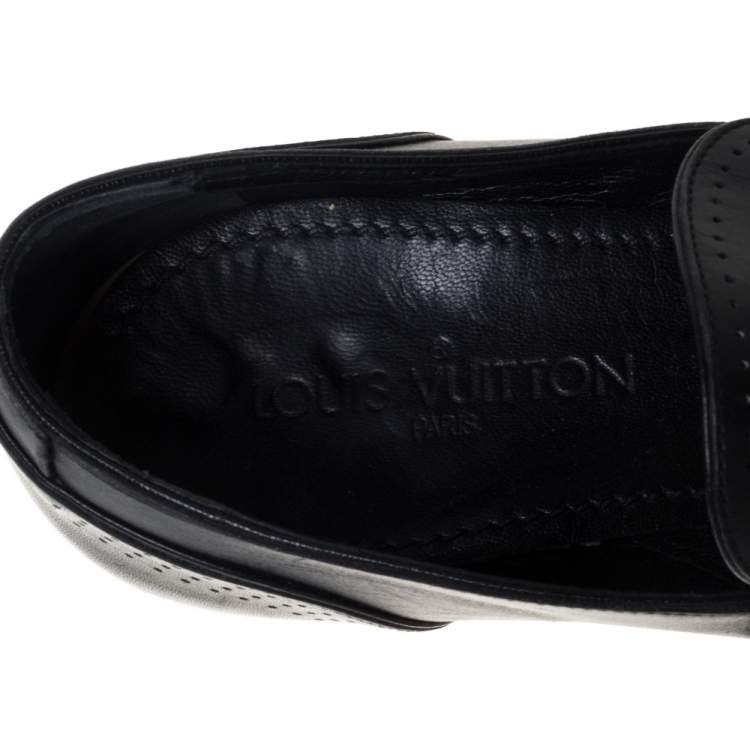 Pre Owned Louis Vuitton Black Leather Logo Perforated Slip On Loafers Size 40