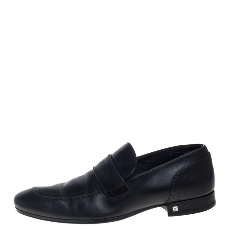 Pre Owned Louis Vuitton Black Leather Logo Perforated Slip On Loafers Size 40