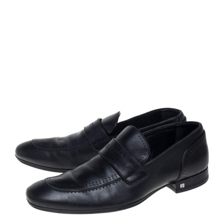 Pre Owned Louis Vuitton Black Leather Logo Perforated Slip On Loafers Size 40
