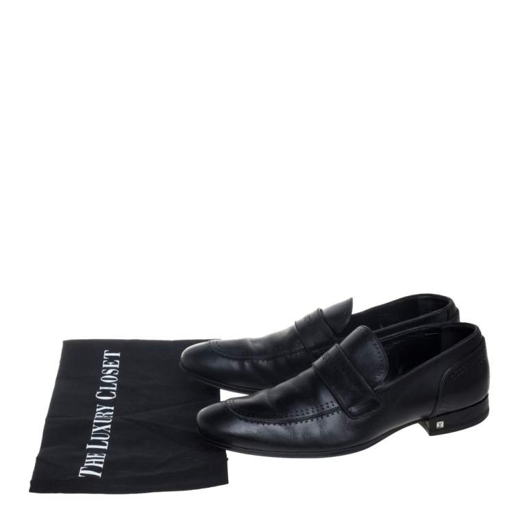 Pre Owned Louis Vuitton Black Leather Logo Perforated Slip On Loafers Size 40