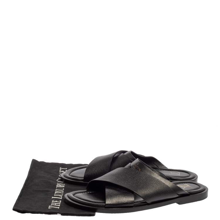 مملوكة مسبقًا  Louis Vuitton Black Leather Foch Cross Strap Flat Slides Size 43