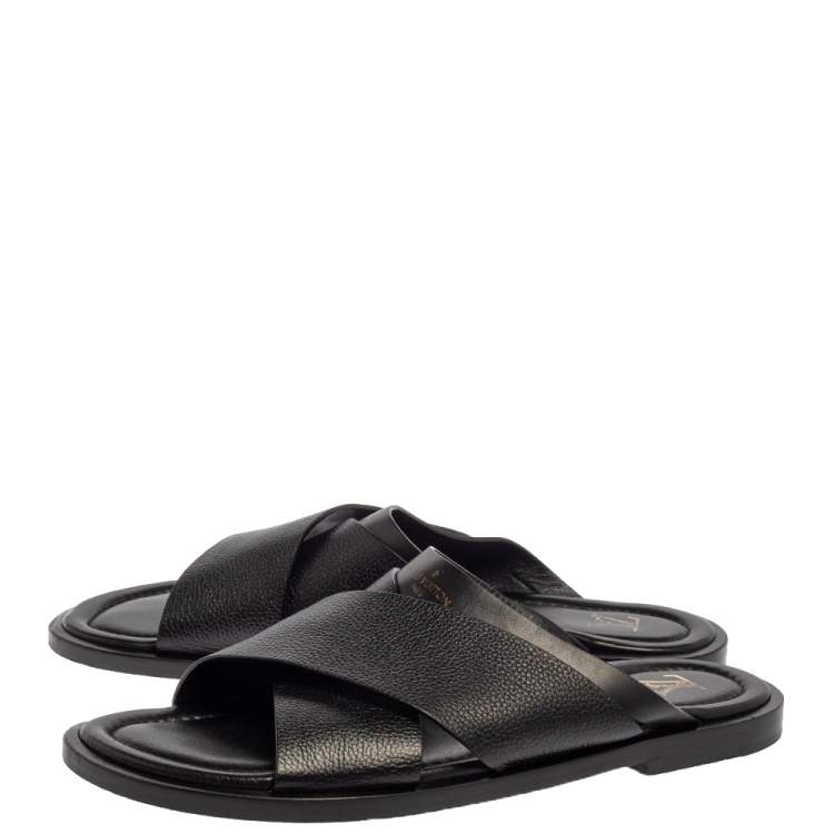 مملوكة مسبقًا  Louis Vuitton Black Leather Foch Cross Strap Flat Slides Size 43