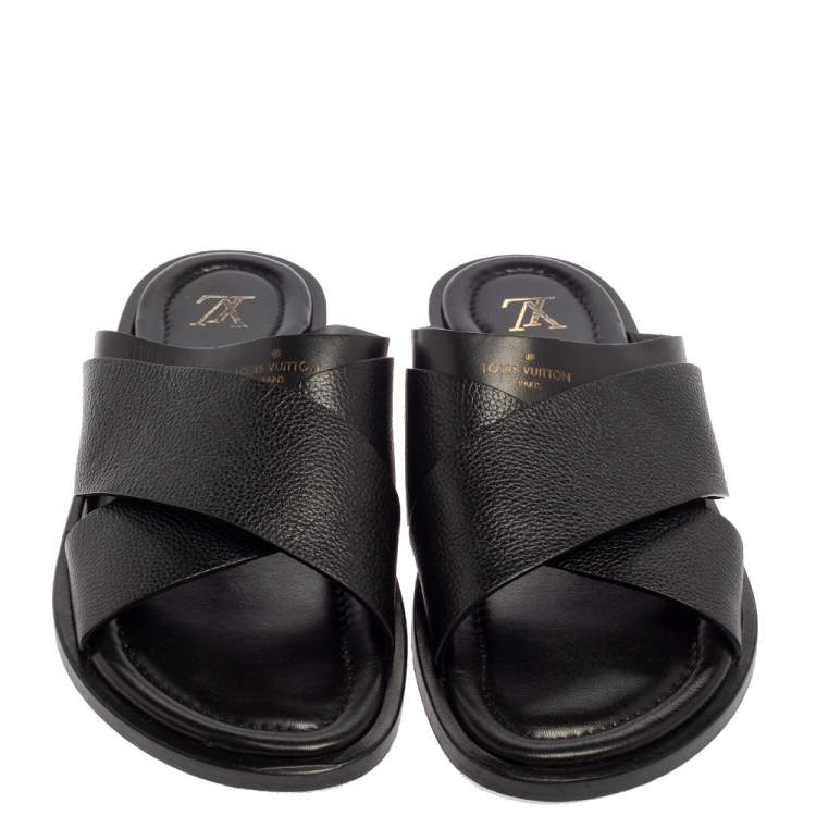 مملوكة مسبقًا  Louis Vuitton Black Leather Foch Cross Strap Flat Slides Size 43